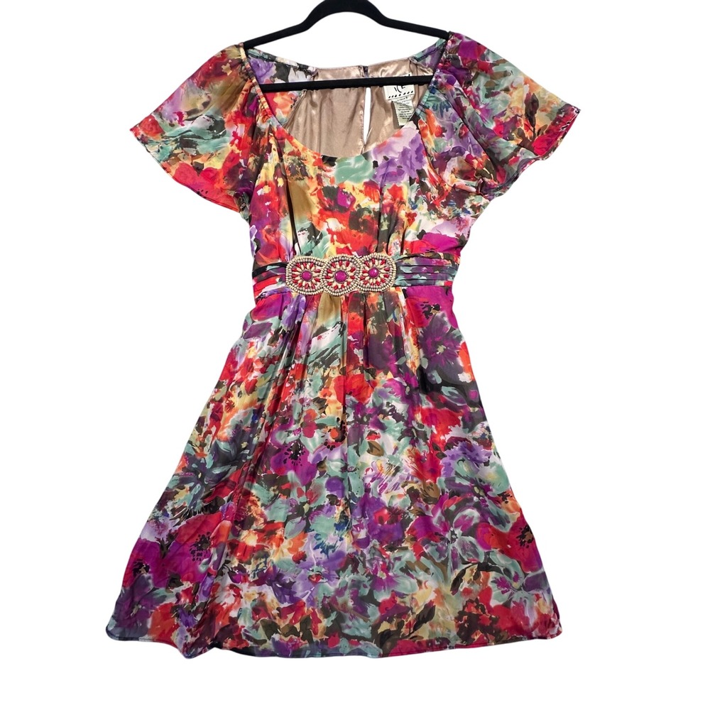 Vintage Y2K iCE Floral Dress Party Cocktail Sheer Overlay‎ Embellished Belt 8